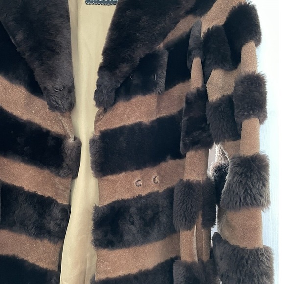 Vintage 70s Mouton Fur Long Coat Suede Stripe Shearling Retro Boho Glam XXS READ - Picture 8 of 16